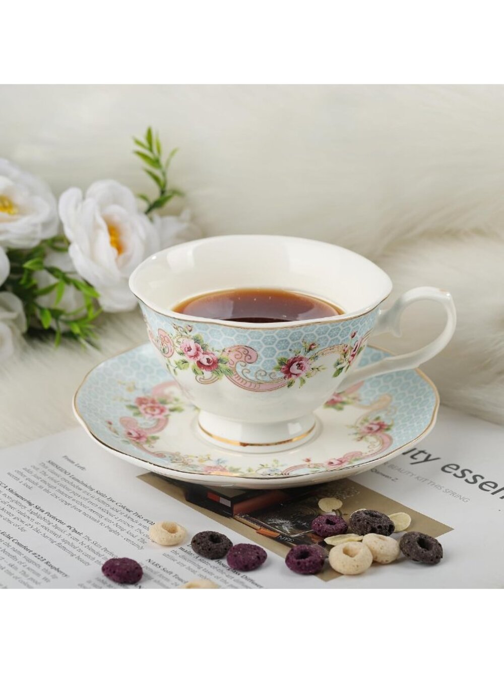 Colorful Floral Porcelain Coffee Cups & Saucers Set for 6 - Elegant Tea Party - Picture 4 of 6